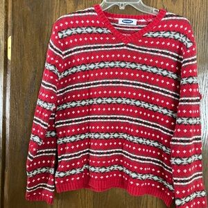 Old Navy Red and Gray Crew Neck Sweater with Festive Patterns